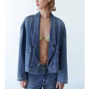 Zara Blue Denim Single Button Oversize Patch Pocket Blazer Shacket Womens L Jean